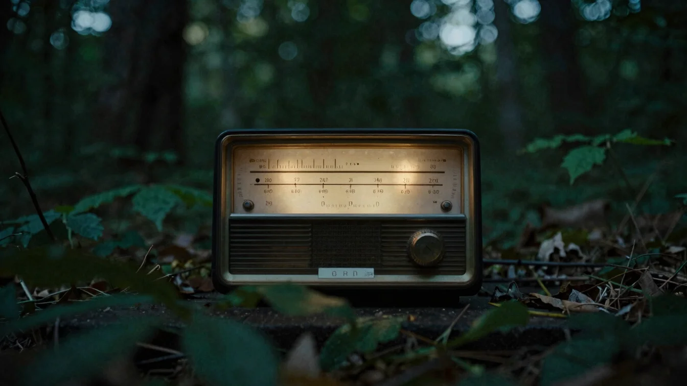 Illuminated vintage radio frequency dial glowing softly in twilight forest setting, atmospheric grain