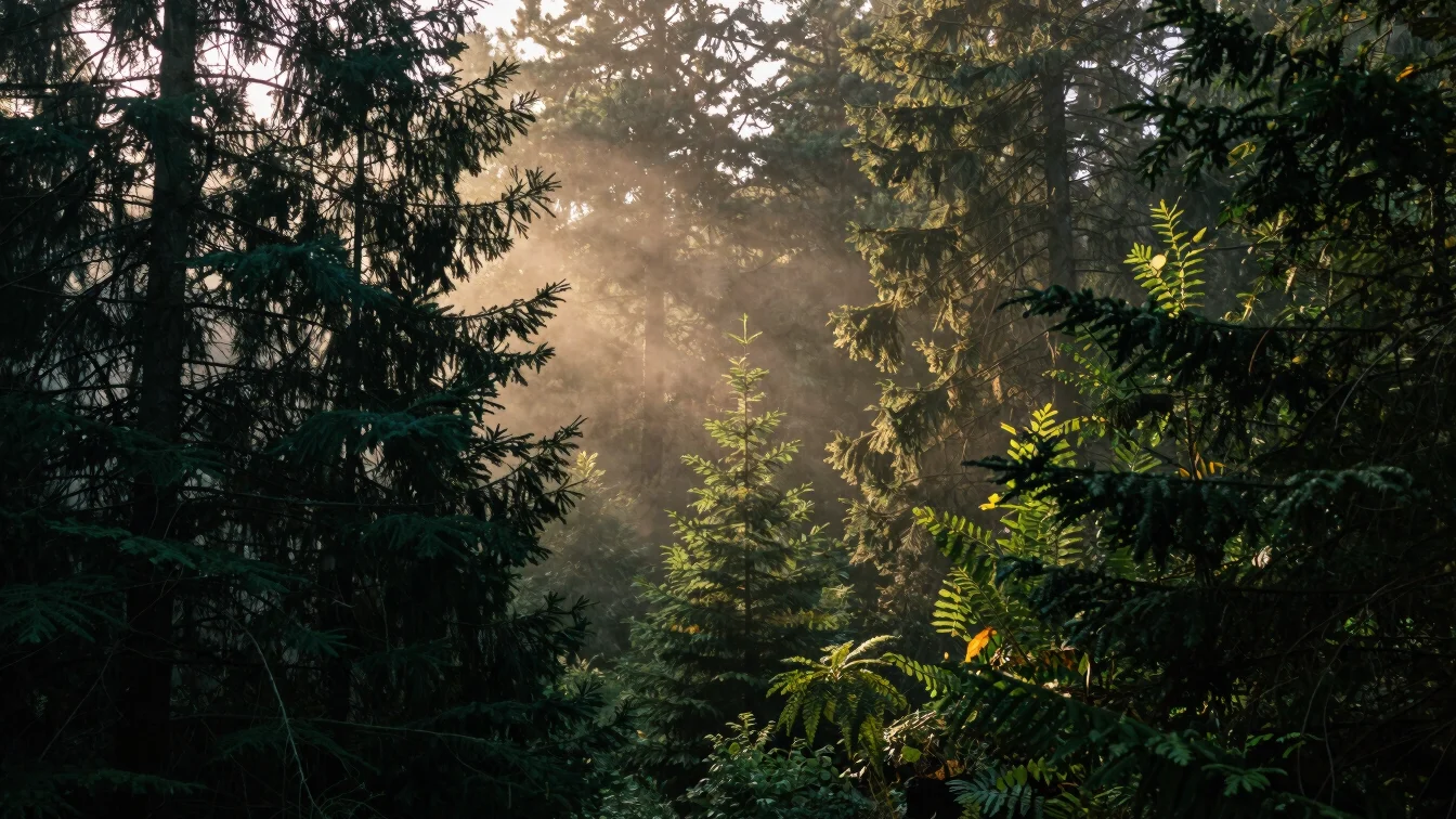 Mist rising above dense evergreen forest at sunrise with golden morning light filtering through branches