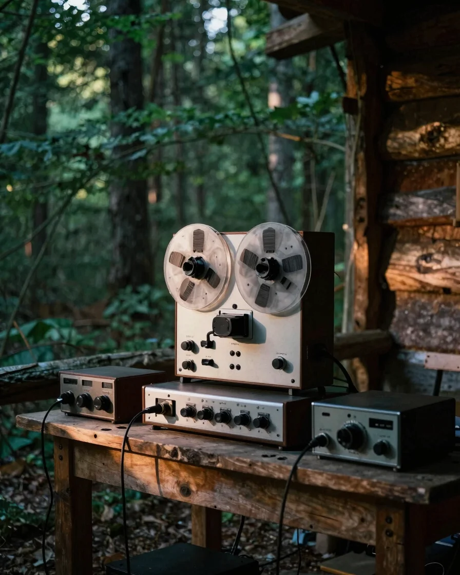 Atmospheric shot of vintage audio recording gear and reel-to-reel tape machine set up inside a rustic timber forest cabi