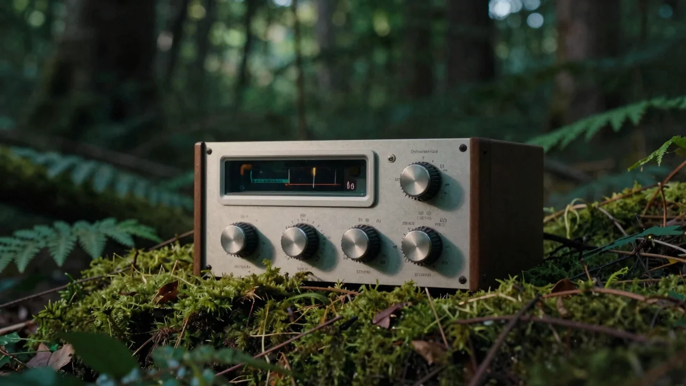 Close-up of vintage analog audio equipment nestled in damp moss and forest foliage, soft ambient studio lighting